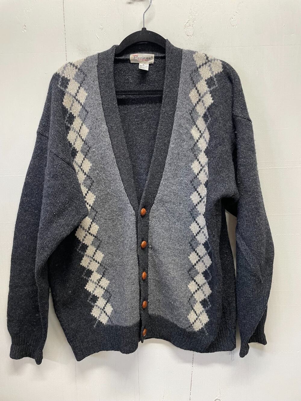 Parker of Vienna Men's Vintage Cardigan Sweater 100% Shetland Wool Size XL Gray